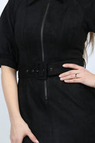 نتشي فستان ميدي سادة ضيق نص كم واسع بف أسود