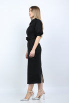 نتشي فستان ميدي سادة ضيق نص كم واسع بف أسود