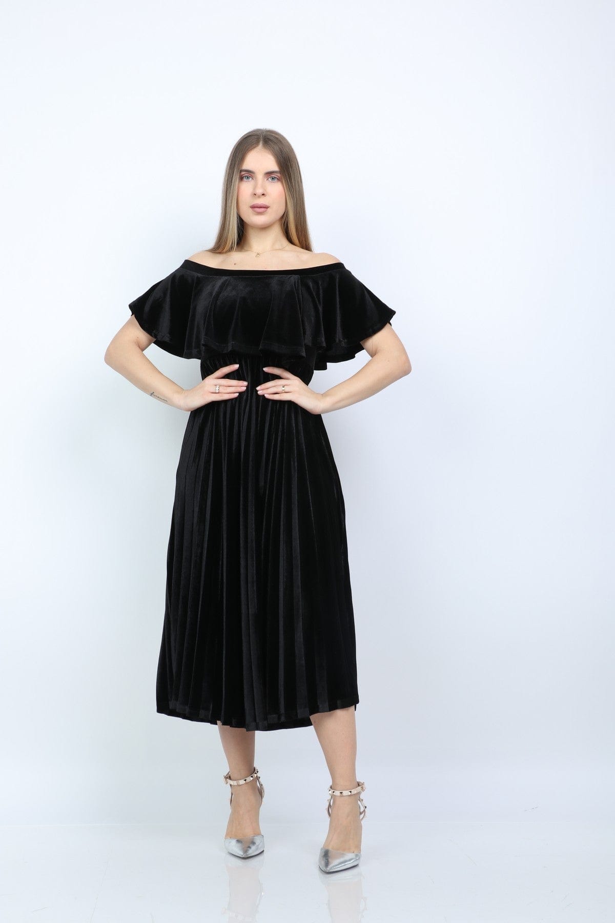 نتشي فستان ميدي مخمل سهرة كتف بكم قصير