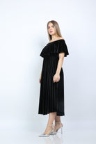 نتشي فستان ميدي مخمل سهرة كتف بكم قصير