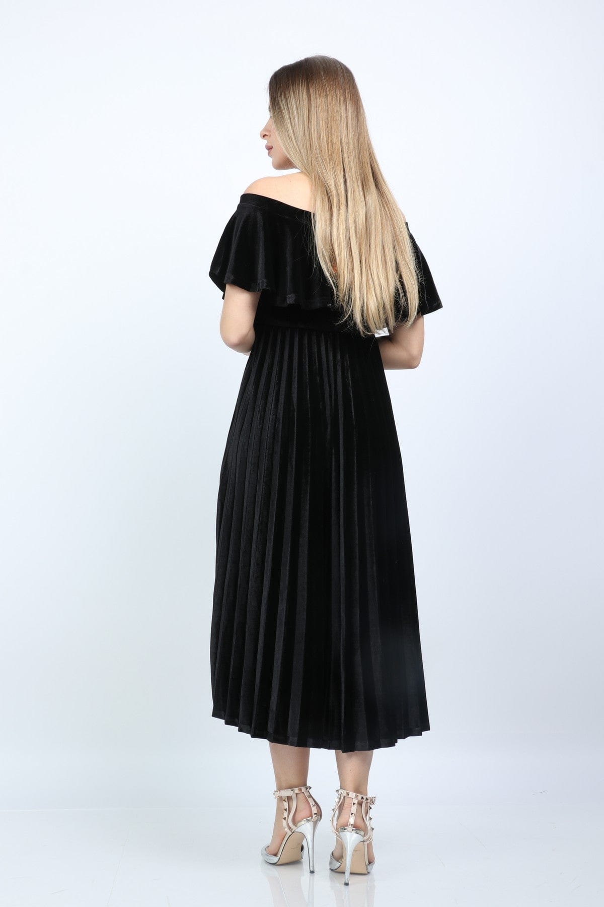 نتشي فستان ميدي مخمل سهرة كتف بكم قصير