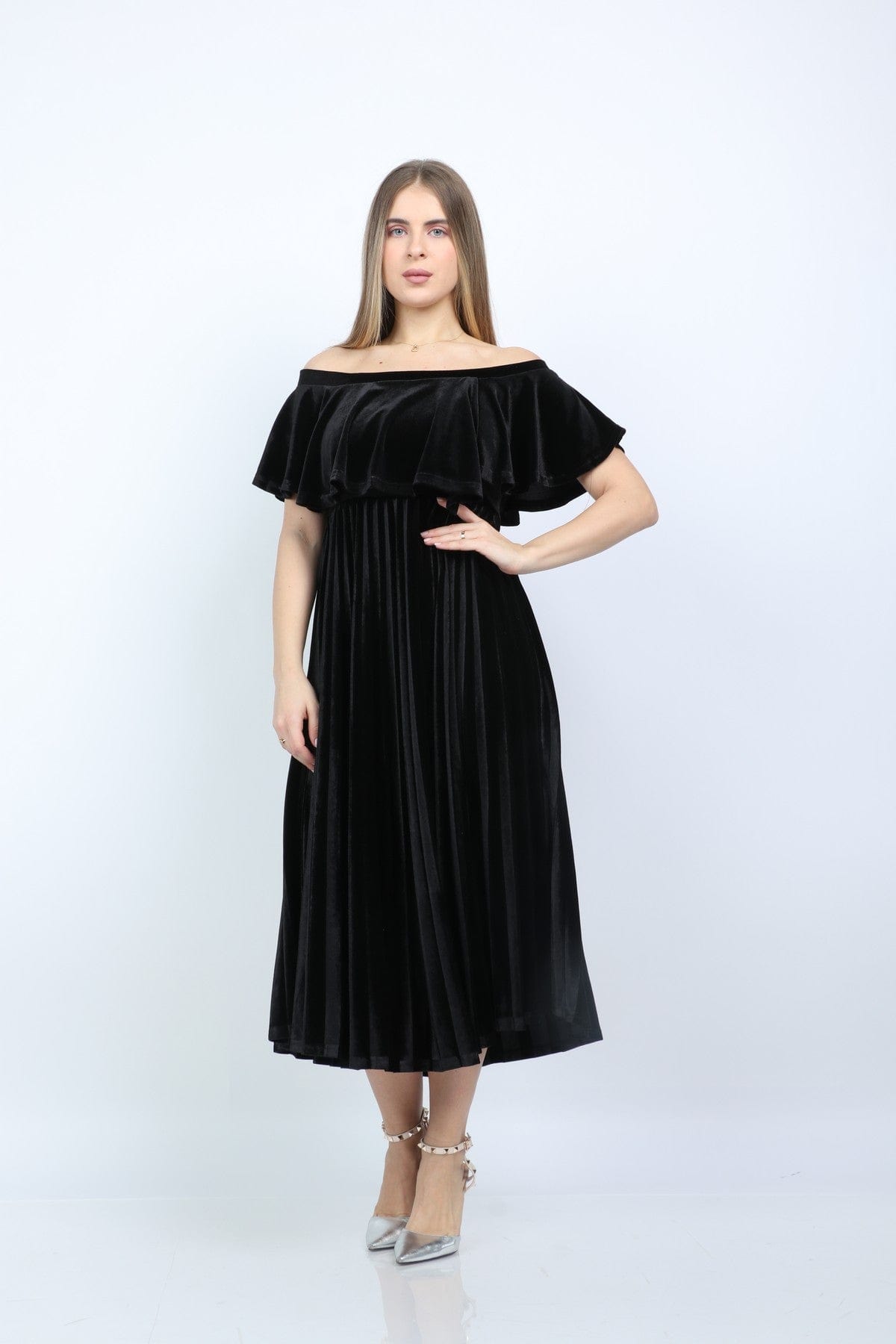 نتشي فستان ميدي مخمل سهرة كتف بكم قصير