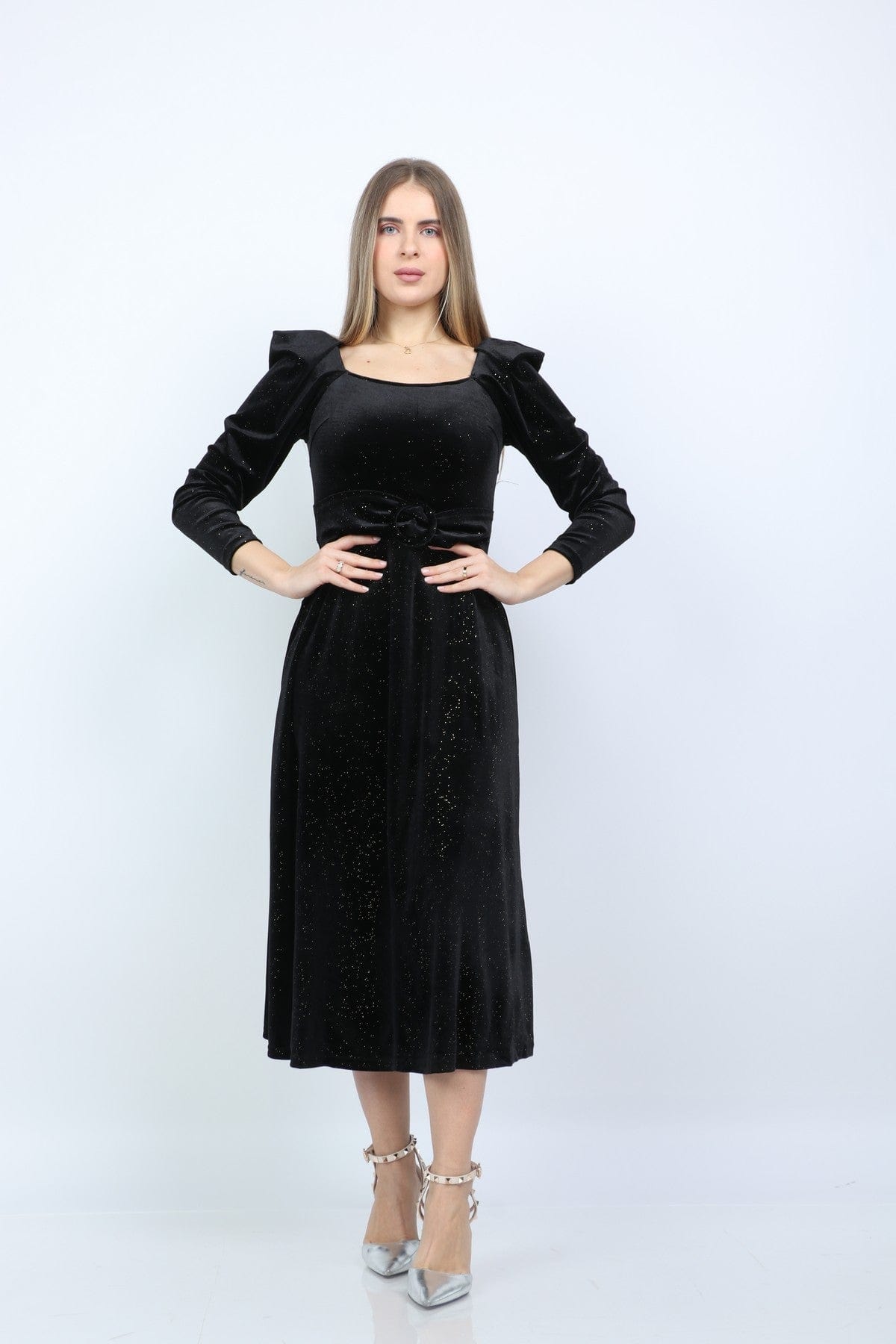 نتشي فستان مخمل نسائي بحزام للخصر