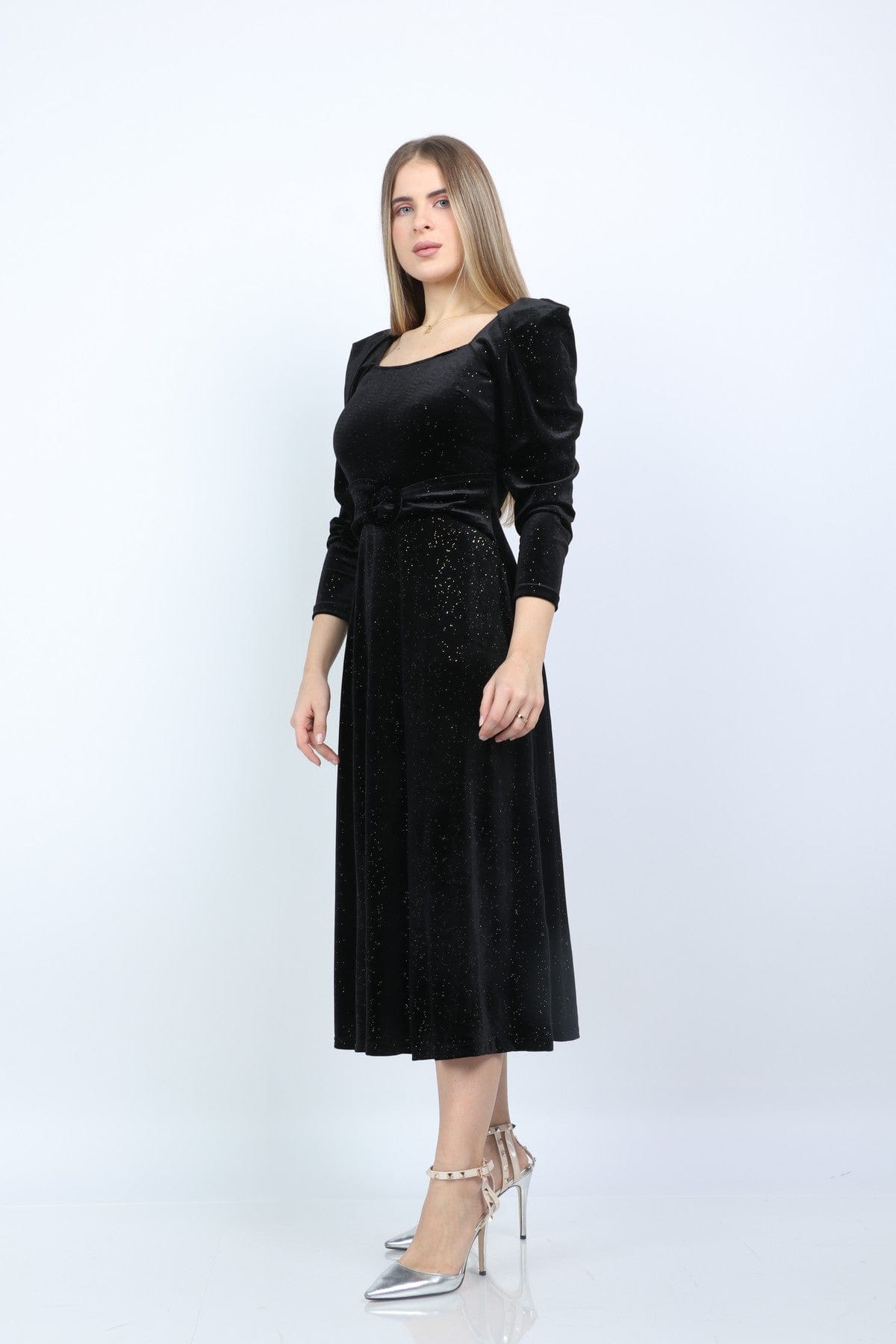 نتشي فستان مخمل نسائي بحزام للخصر