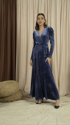 نتشي فستان مخمل نسائي طويل أزرق داكن