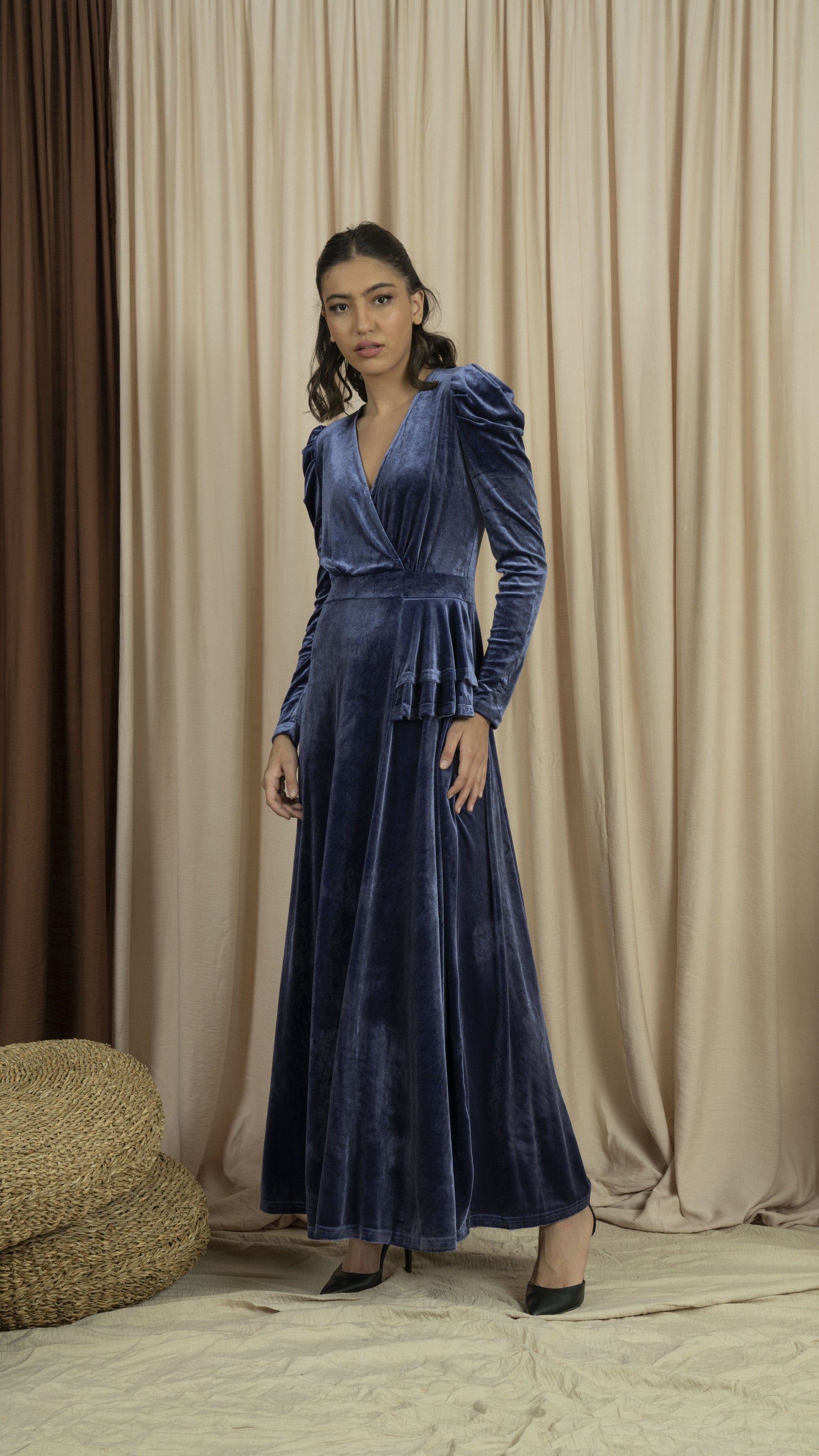 نتشي فستان مخمل نسائي طويل أزرق داكن