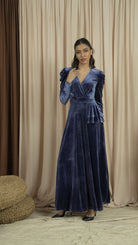 نتشي فستان مخمل نسائي طويل أزرق داكن