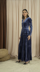 نتشي فستان مخمل نسائي طويل أزرق داكن