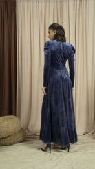 نتشي فستان مخمل نسائي طويل أزرق داكن