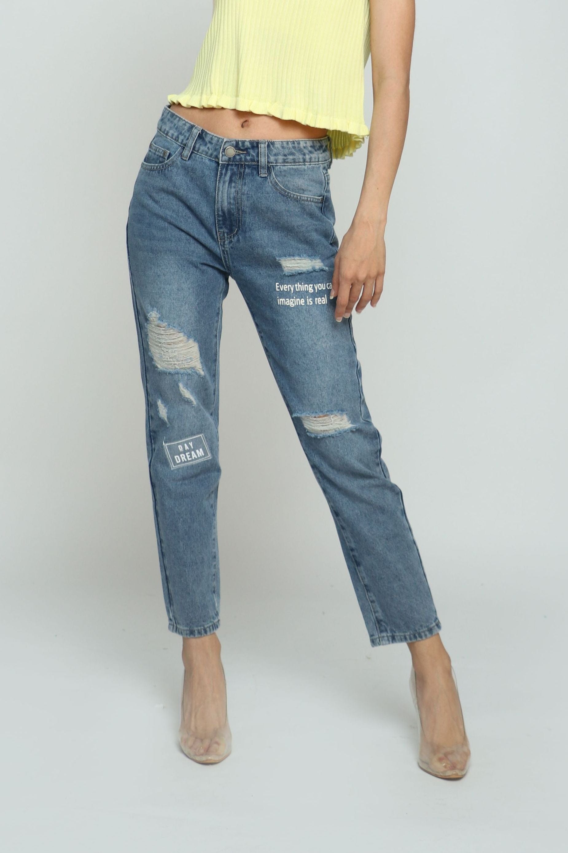 كيتشن بنطلون بوي فريند مقطع مع بادج طويل نسائي