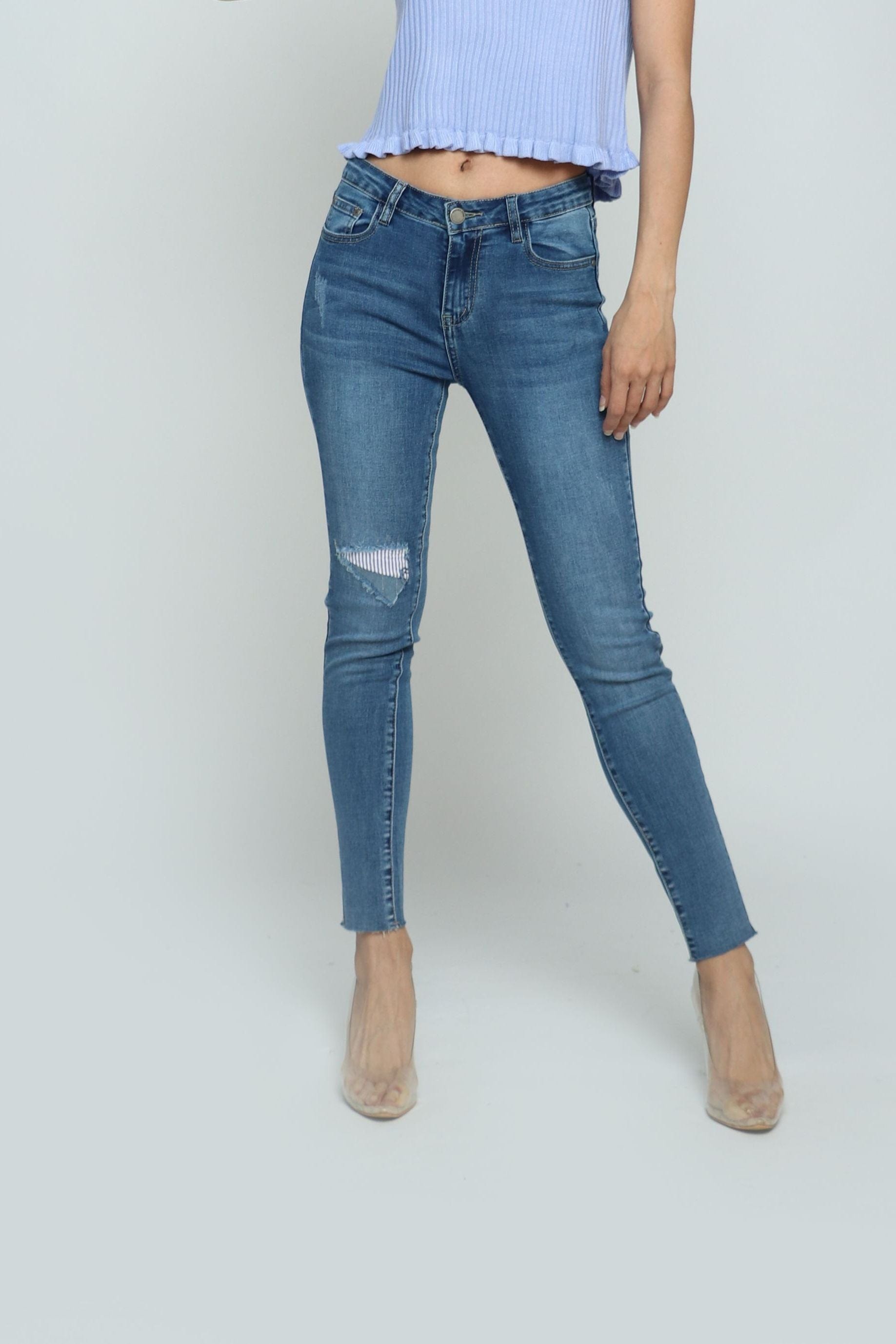 كيتشن بنطلون جينز كاجوال سكيني مقطع مبطن طويل نسائي