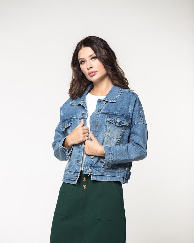 نتشي جاكيت جينز بياقة وأزرار أمامية معدنية كم طويل نسائي