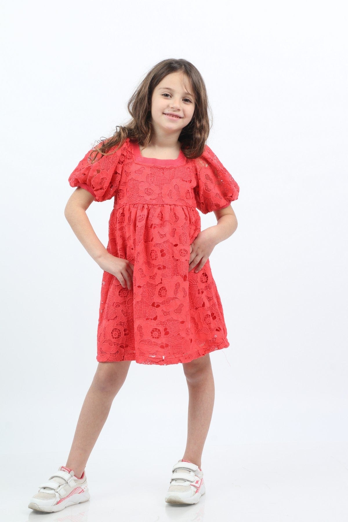 جينجرسنابس فستان دانتيل قصير منفوش نص كم بف بناتي مرجان عميق