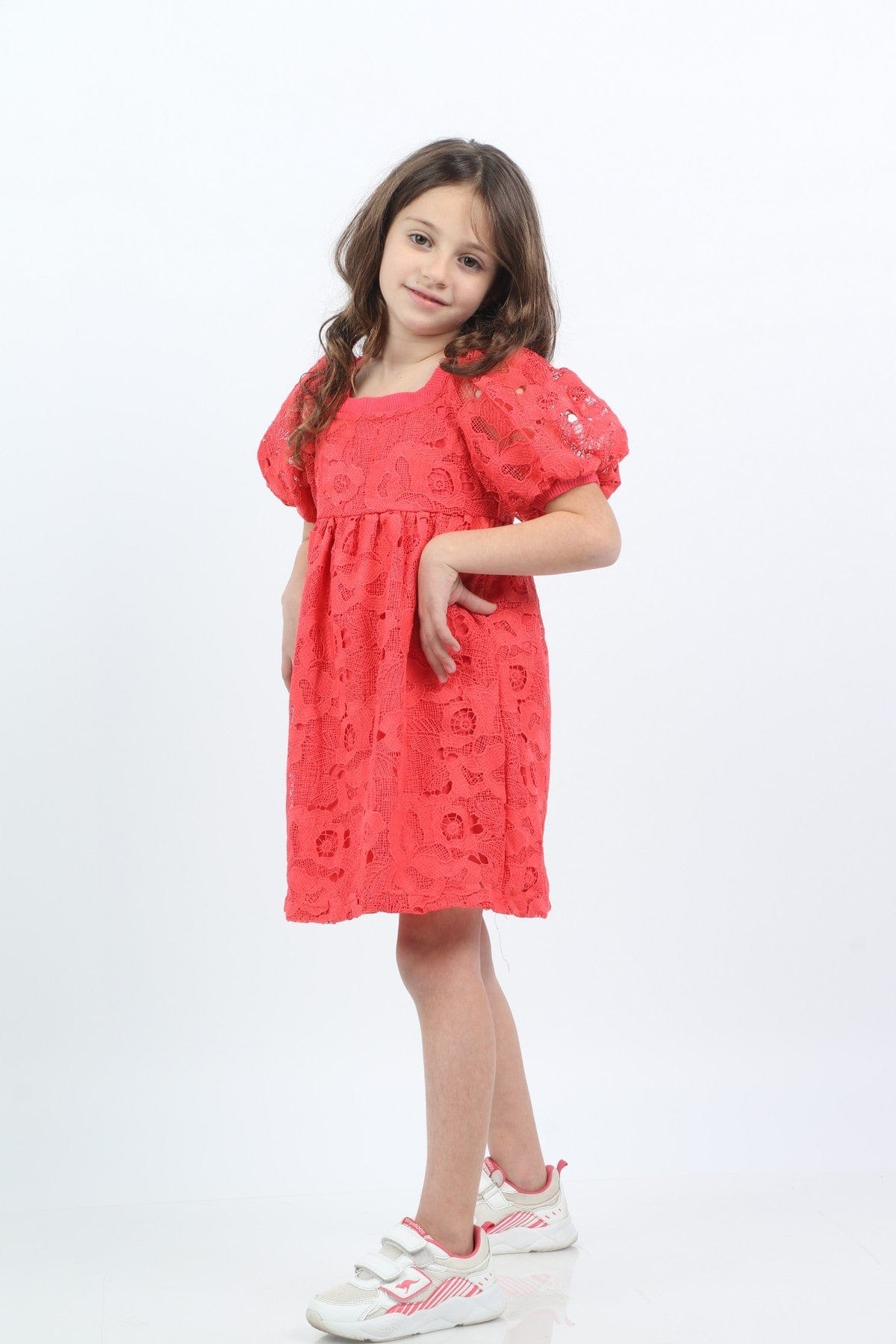 جينجرسنابس فستان دانتيل قصير منفوش نص كم بف بناتي مرجان عميق