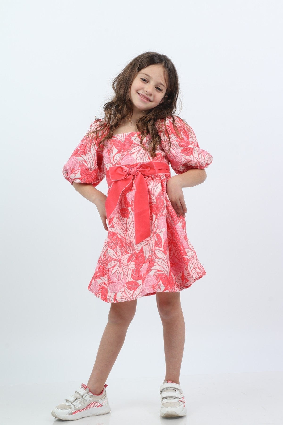 جينجرسنابس فستان بناتي مشجر نص كم بف بفتحة رقبة أحمر