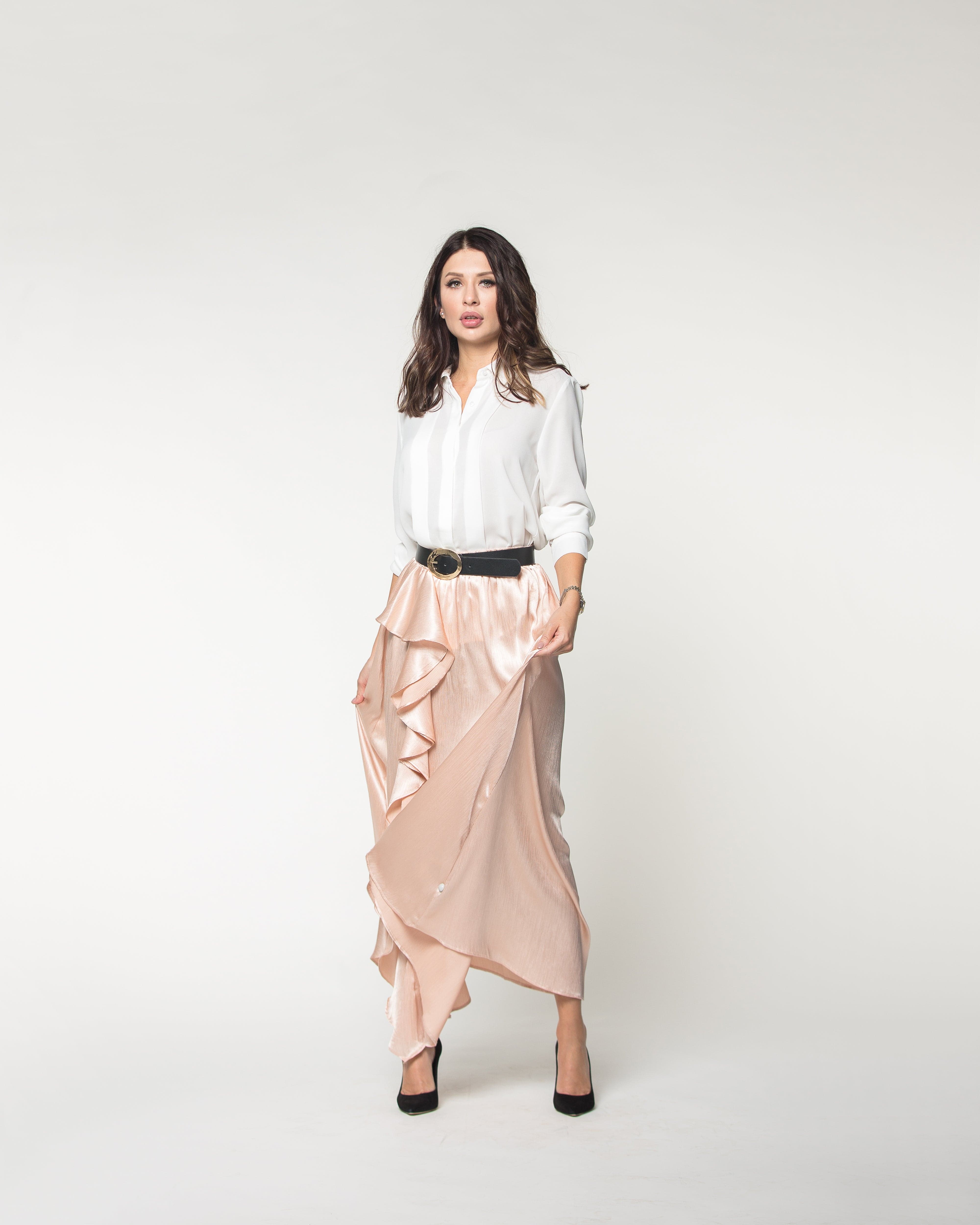 نتشي تنورة طويلة سادة لامعة بكشكش من أعلى لأسفل نسائية